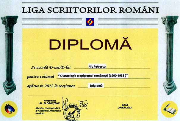 Diploma Nic Petrescu acordată de Liga Scriitorilor